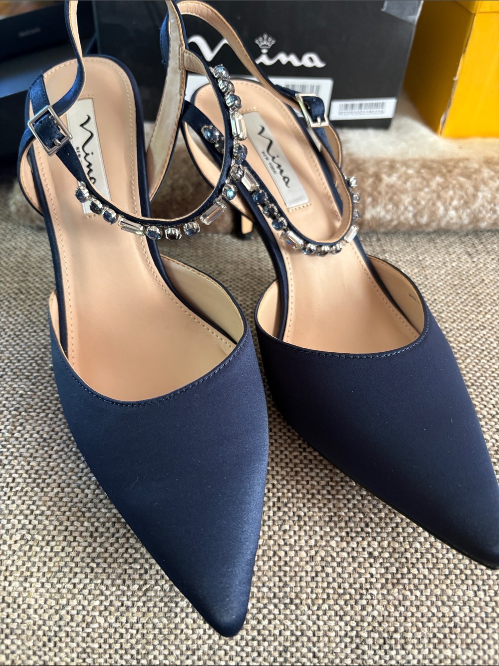 Nina Navy Crystal-Embellished Pointed-Toe Slingback Heels